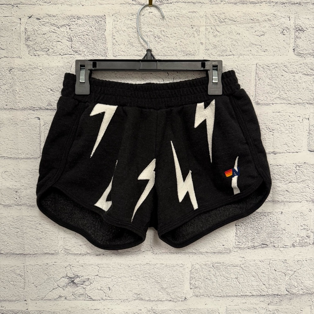 Aviator Nation Black and White Athletic Shorts with Lightning Design